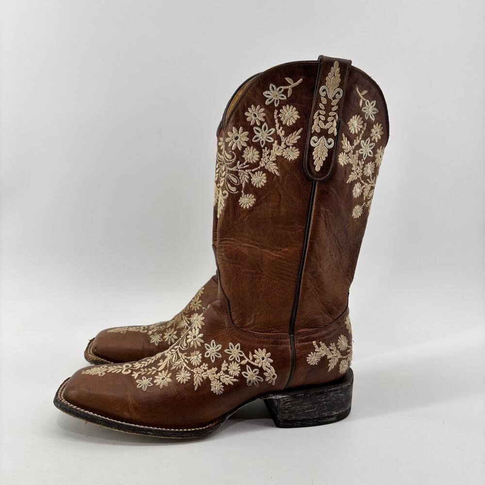 Cavender's Woman Size 10 Western Boots Chestnut Brown Floral Embroidery Leather - Picture 3 of 14